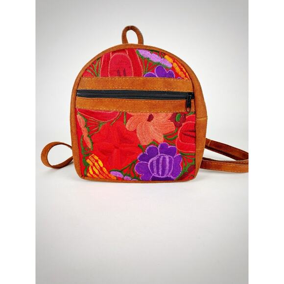 Handmade Small Leather Embroidered Backpack Boho Floral Adjustable Straps - Picture 1 of 5